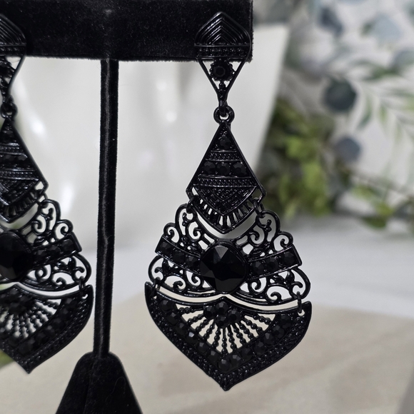Statement Black Metal Filigree and Crystal Drop Earrings - Picture 4 of 10